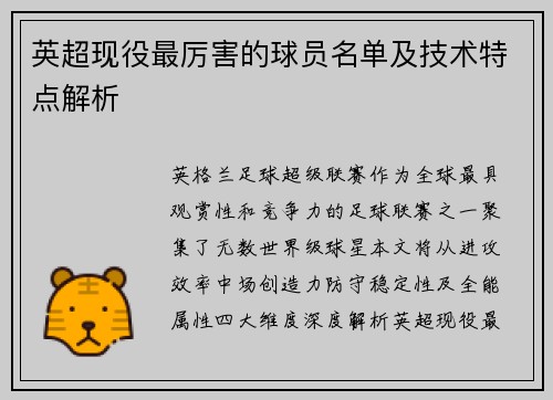 英超现役最厉害的球员名单及技术特点解析